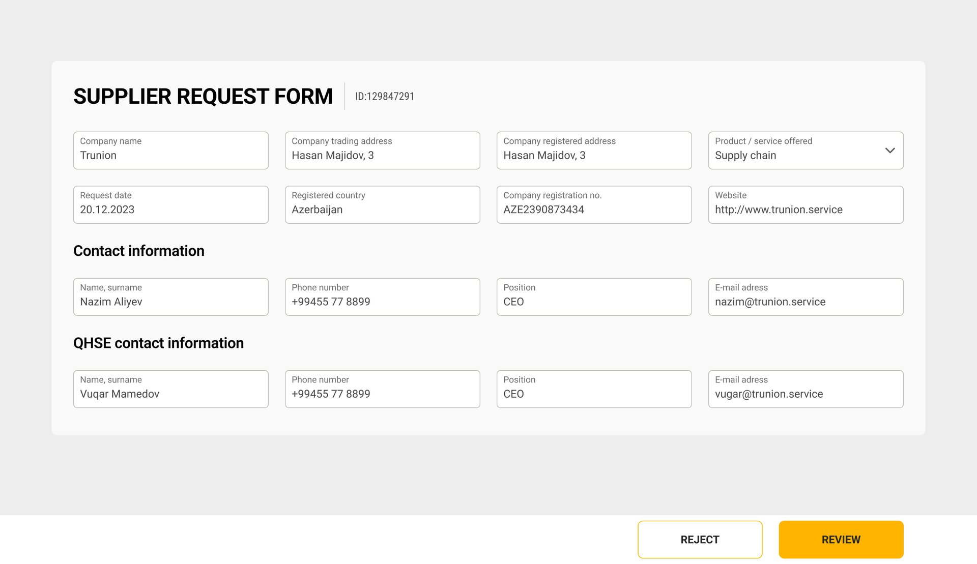 Supplier registration form with company and QHSE contacts