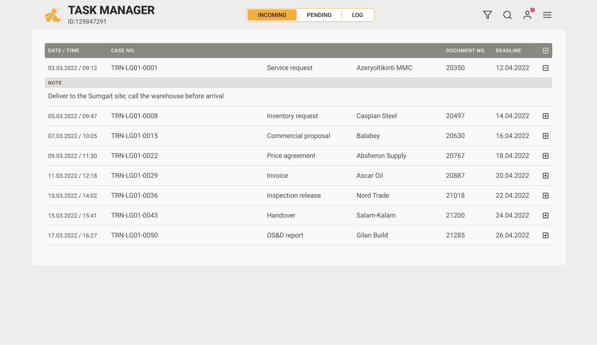 Task manager: incoming tasks with case numbers and deadlines