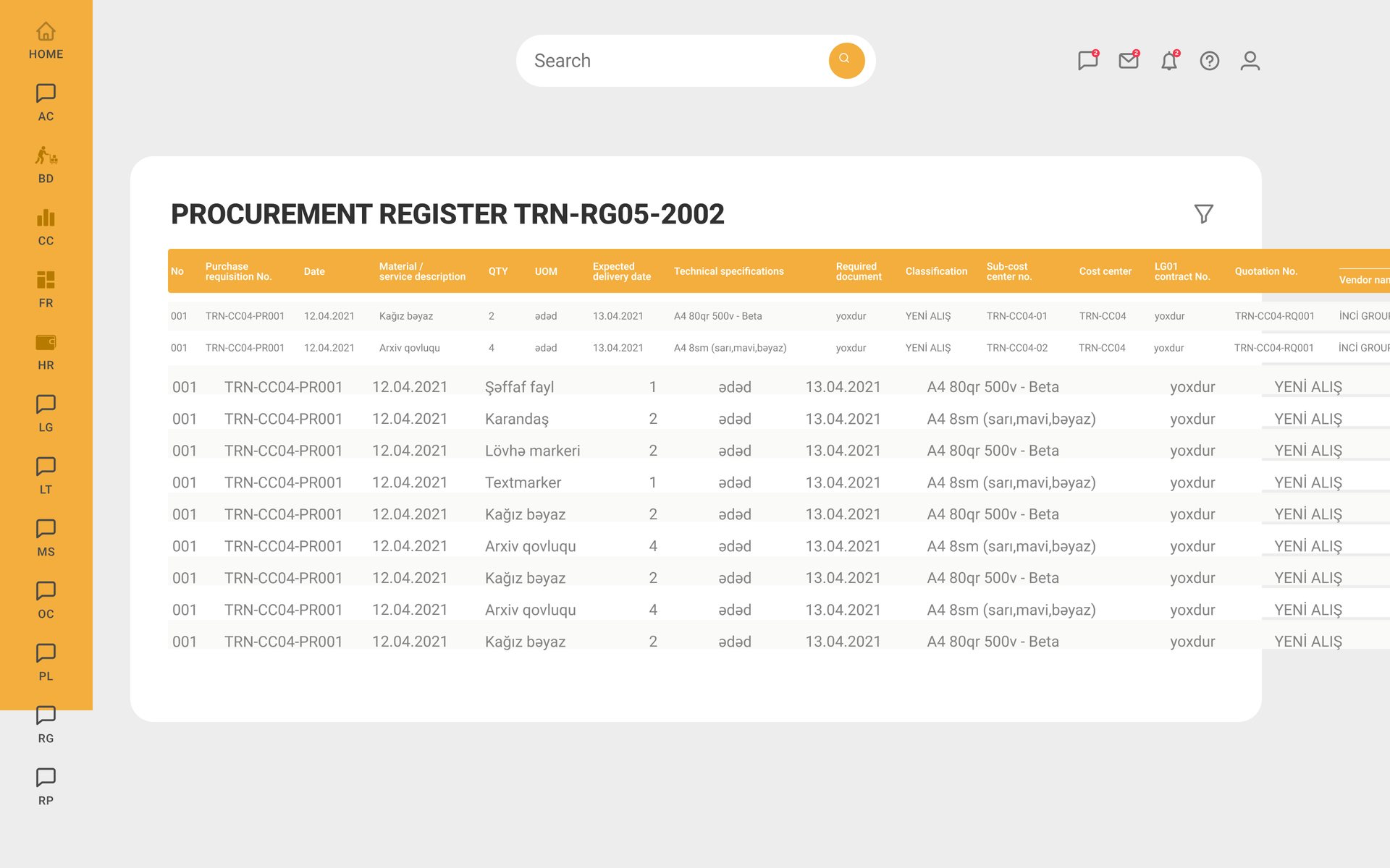 First version: procurement register as a wide table with a side menu of forms
